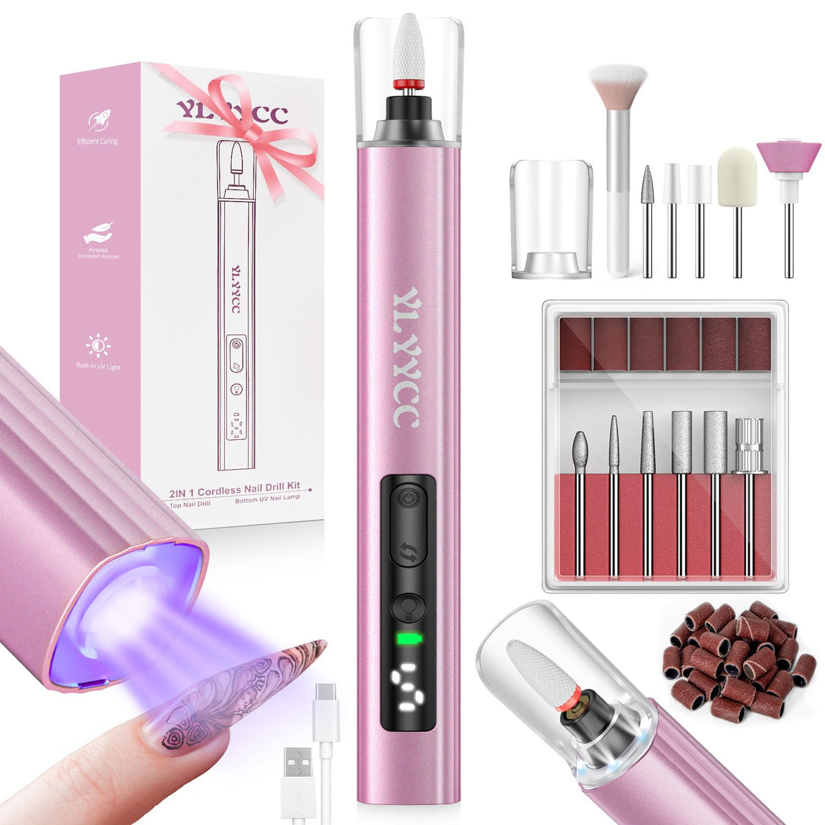 YLYYCC cordless nail drill with front lights for precise at home manicures