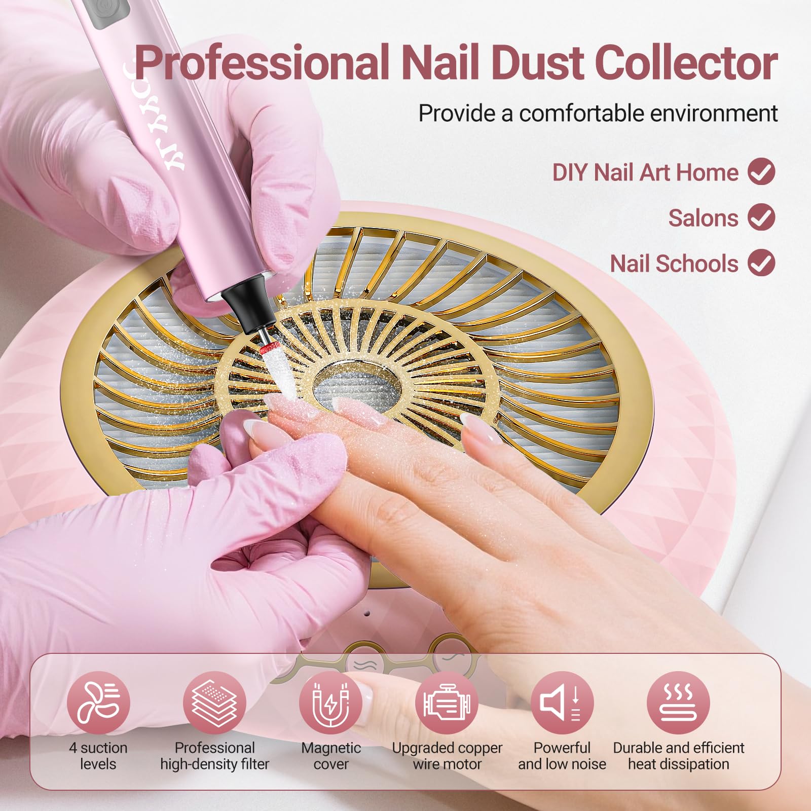 YLYYCC nail dust collector rear view highlights magnetic cap for easy maintenance.