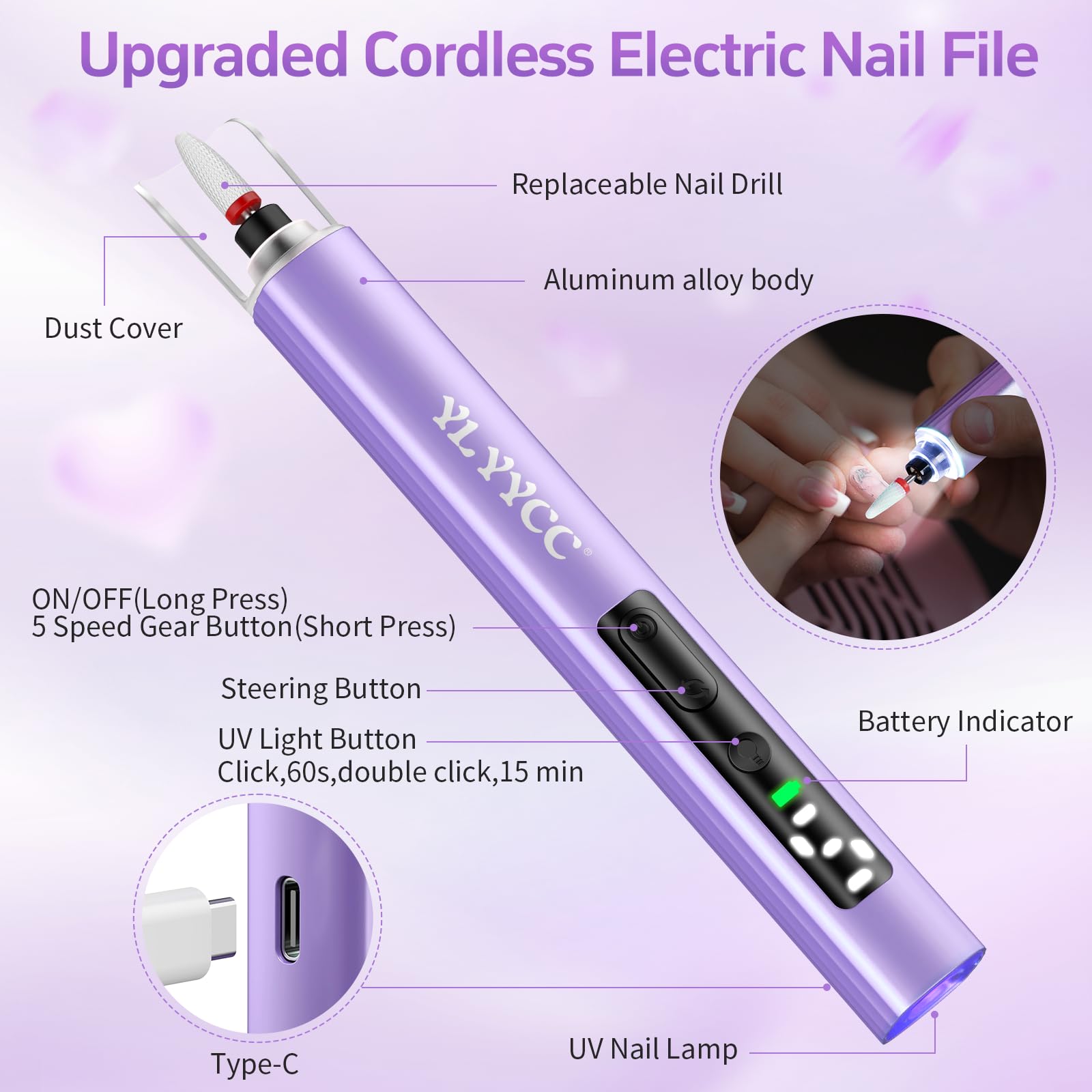 YLYYCC rechargeable portable nail kit for travel-ready manicures.
