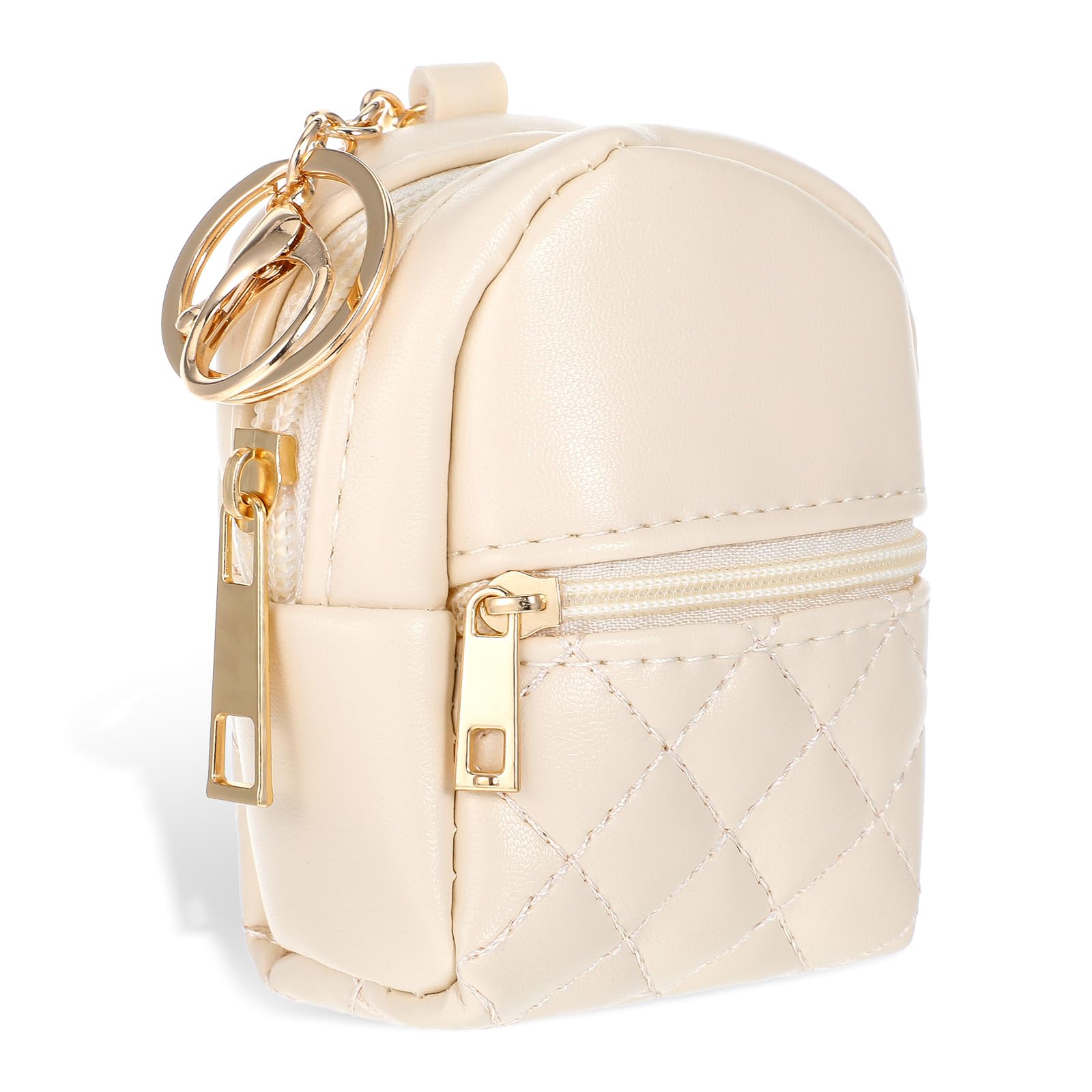Ymapinc mini backpack keychain beige front view, glossy PU leather for keys and coins
