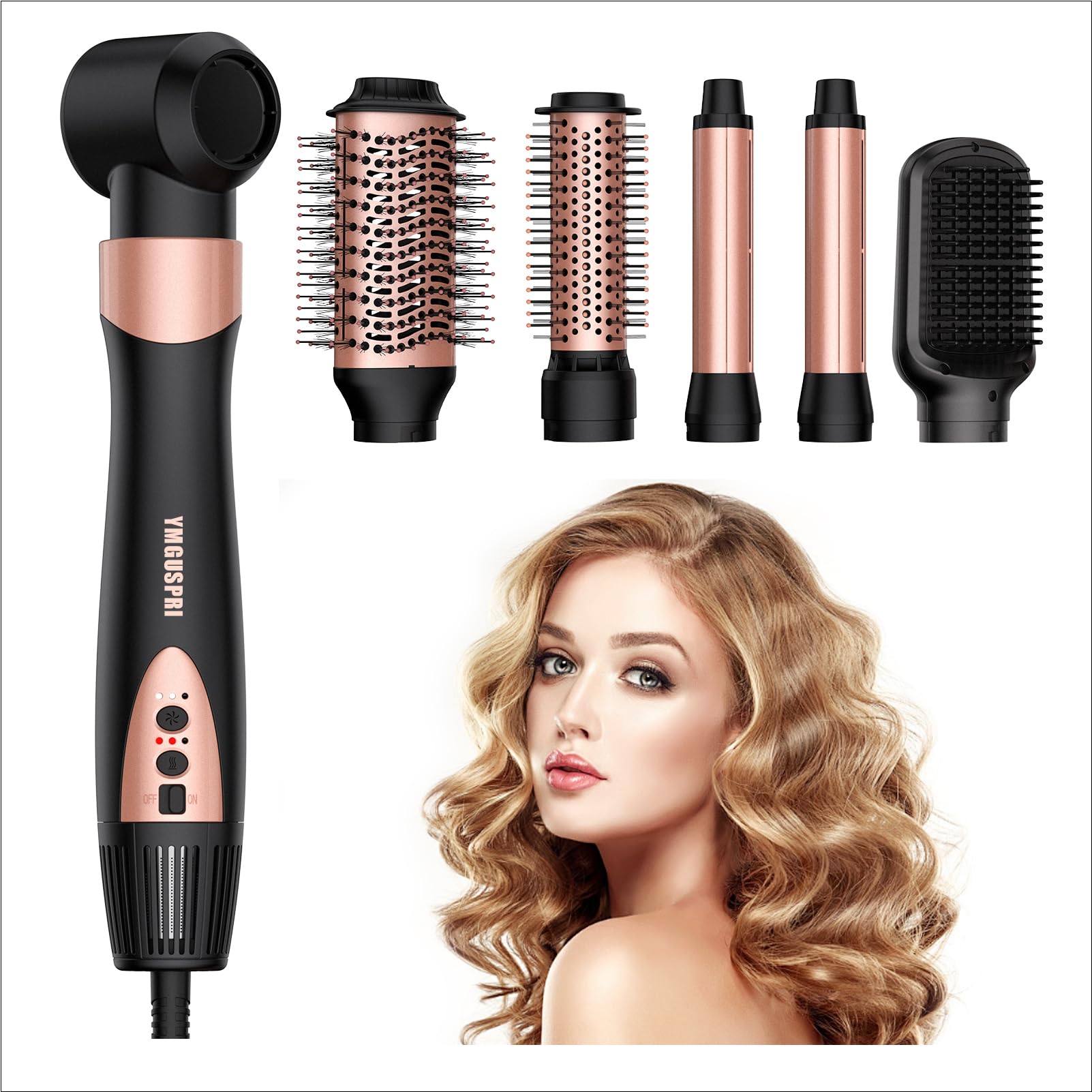 YMGUSPRI 6-in-1 air wrap styler rose gold front view for quick frizz-free styling
