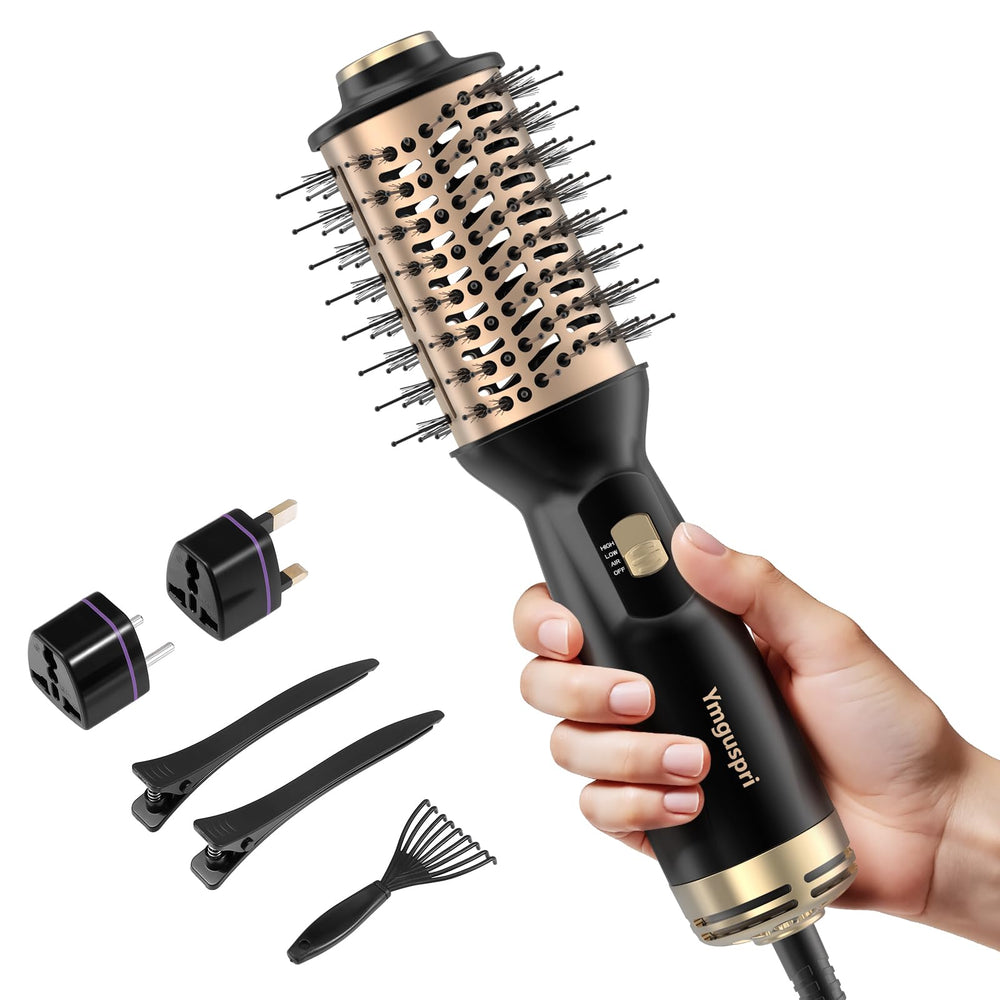 Ymguspri travel dual voltage hair dryer brush in gold, ideal for on-the-go styling.