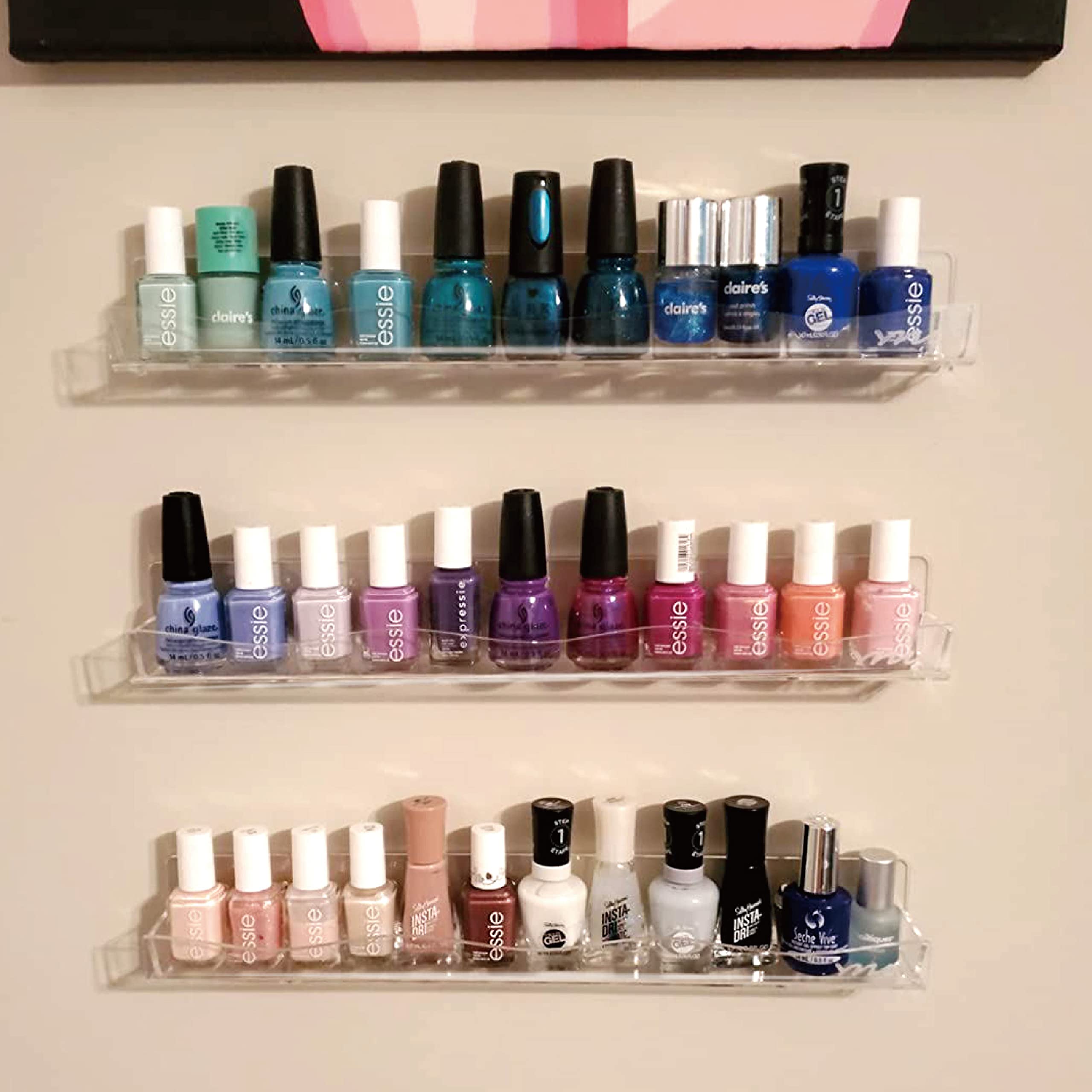YMVV acrylic rack accommodates most polish bottles and bottle heights