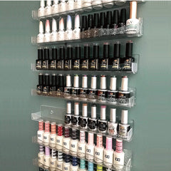 YMVV six-pack acrylic shelves showcase polishes neatly in salons or retail spaces