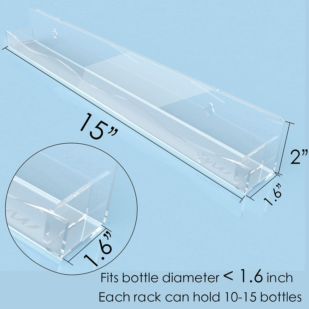 Clear floating shelves keep bottles stable with removable end stoppers