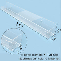 Clear floating shelves keep bottles stable with removable end stoppers