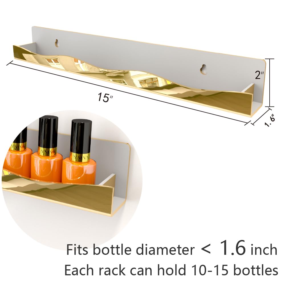 YMVV nail polish display shelf gold mirror finish showcases collection and saves counter space.