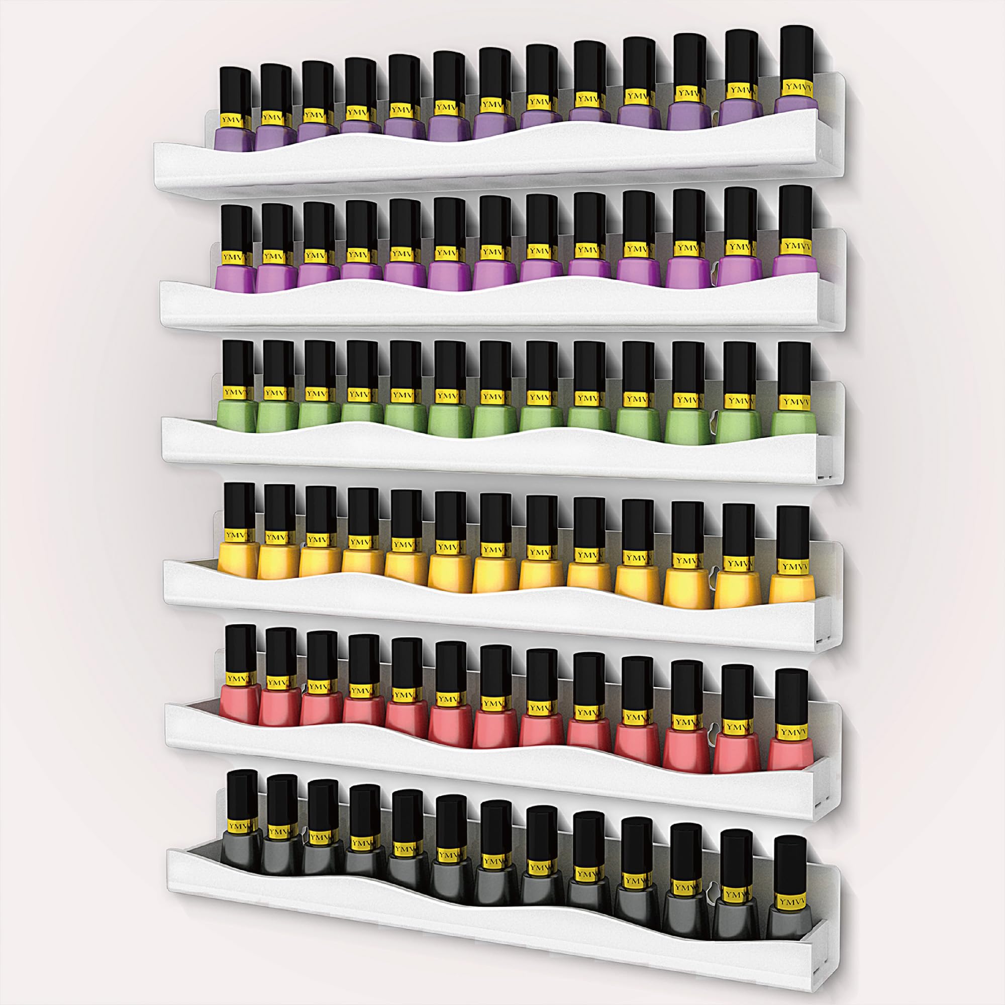 YMVV white nail polish rack wall-mounted front view showcases organized color display for salon efficiency