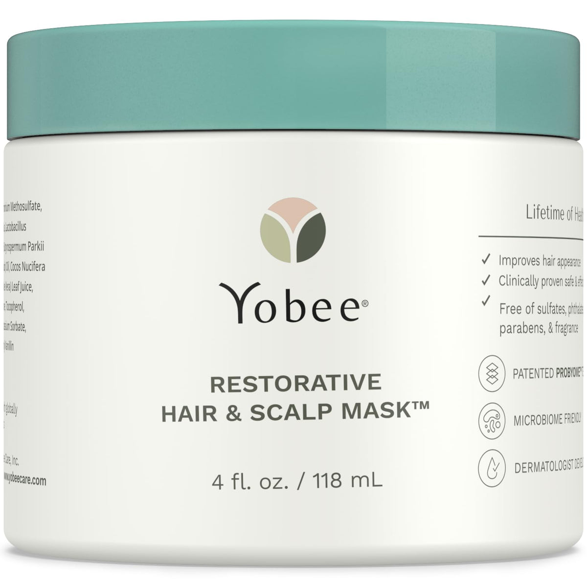 Yobee Restorative Scalp Mask tub front highlighting probiotic-powered formula for dry scalp relief.