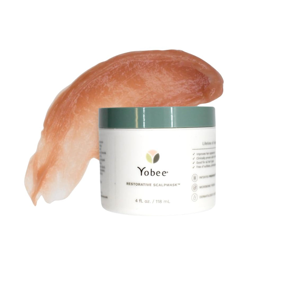 Lifestyle shot of weekly treatment ritual with Yobee Restorative Scalp Mask.