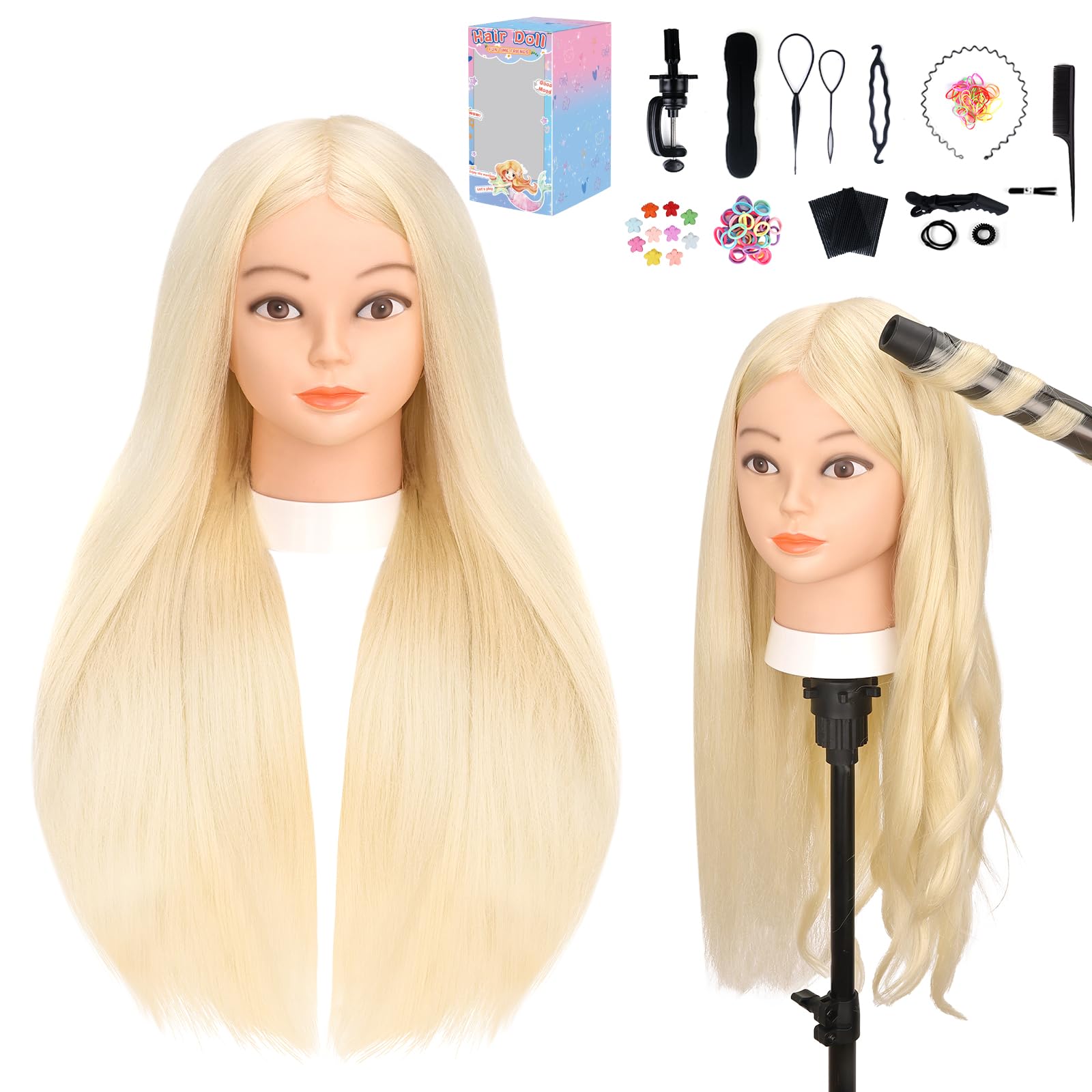 Yofuly 26-inch gold real hair training head front view for curling and braiding practice