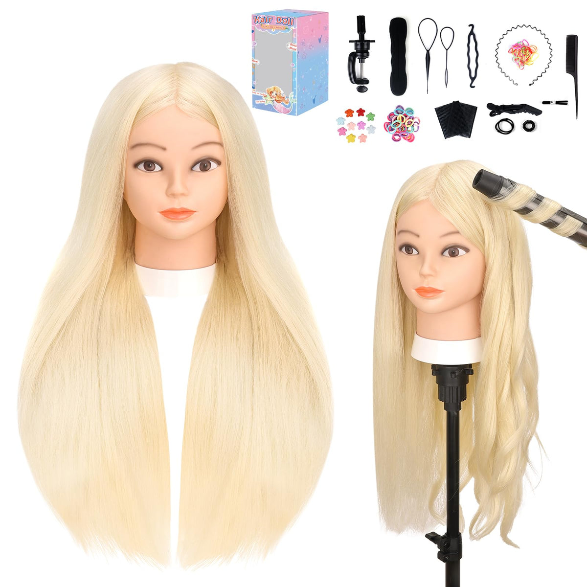Yofuly 26-inch gold real hair training head front view for curling and braiding practice