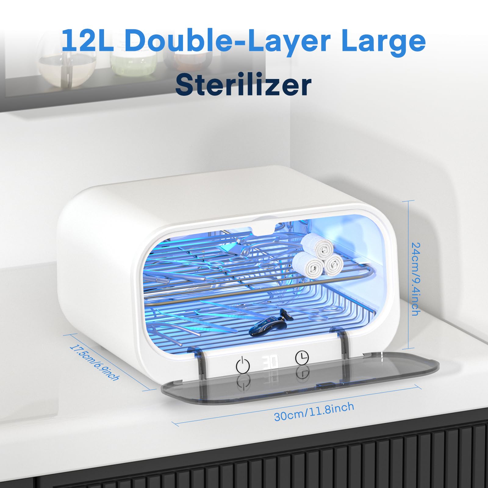 Yofuly sterilizer 12L interior rack demonstrating organized tool placement.