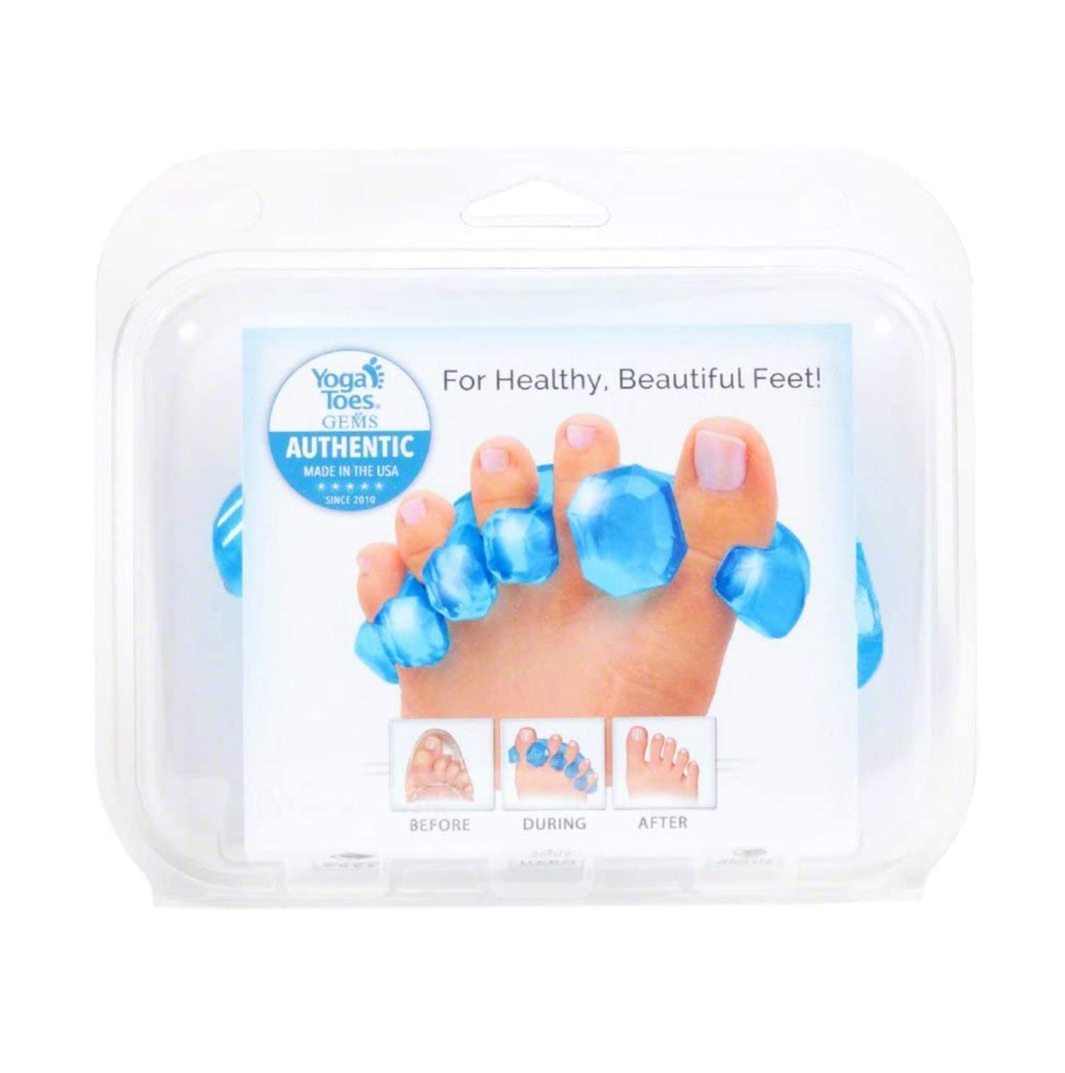 YogaToes Gems in use on foot shows a practical daily toe care routine.
