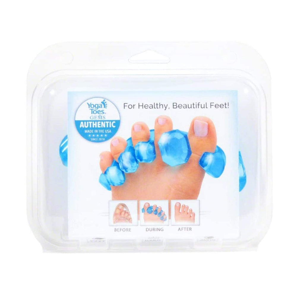 YogaToes Gems in use on foot shows a practical daily toe care routine.