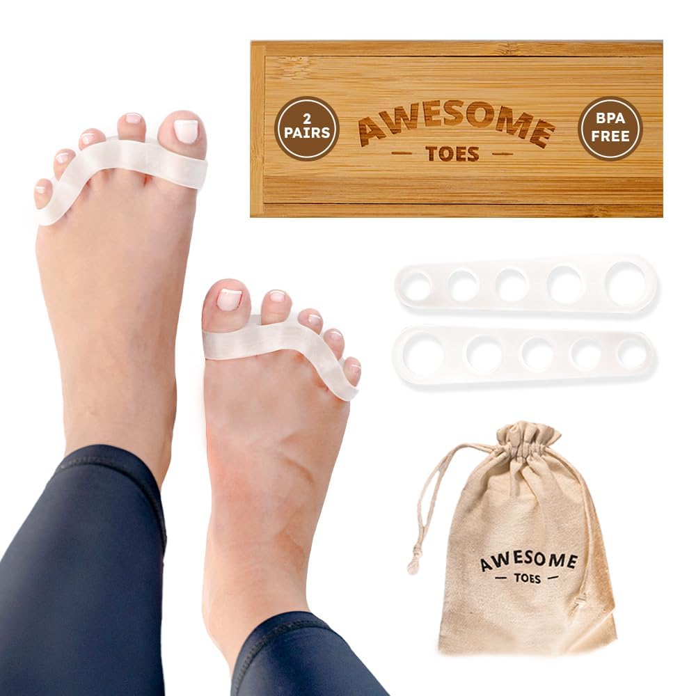 Yoga Trapeze toe spacers in a wooden box for stylish storage and gifting