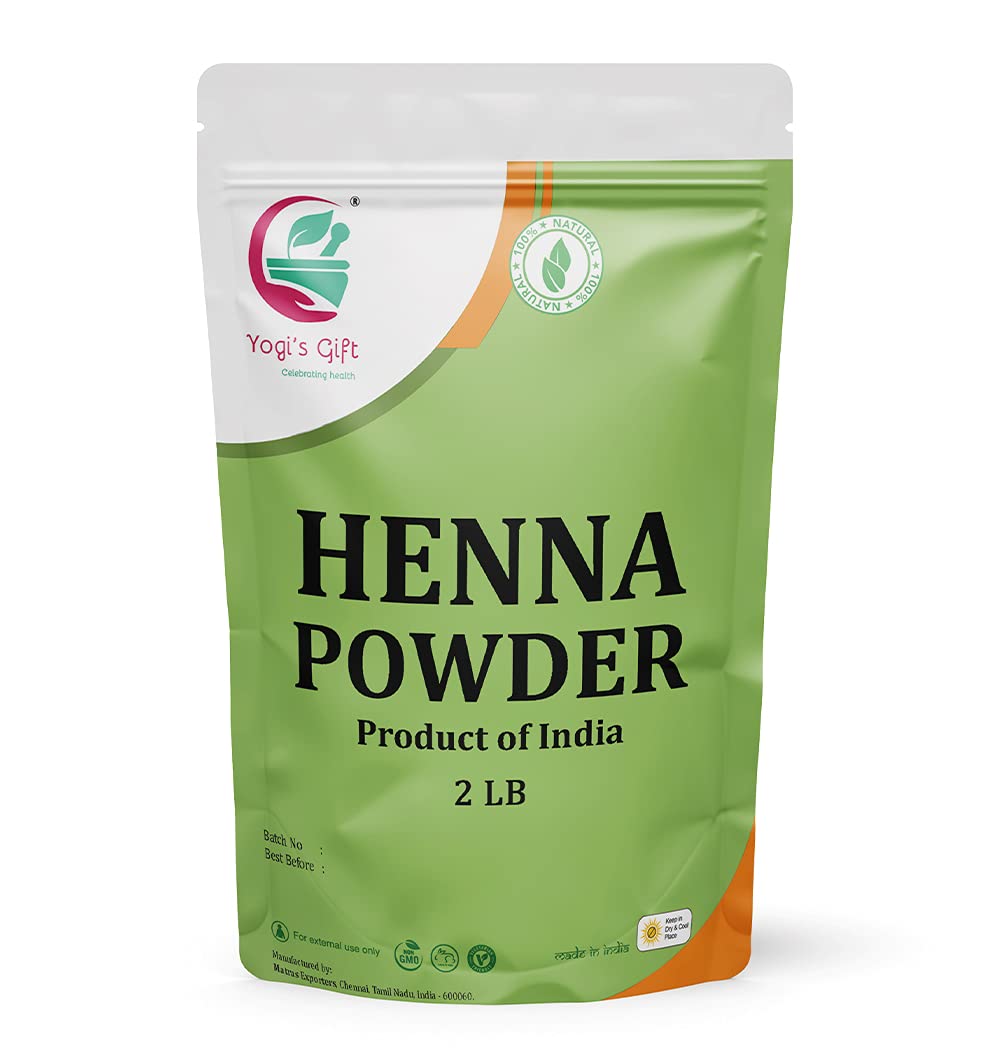 Yogi's Gift henna powder packaging shows pure natural color for hair without chemicals.