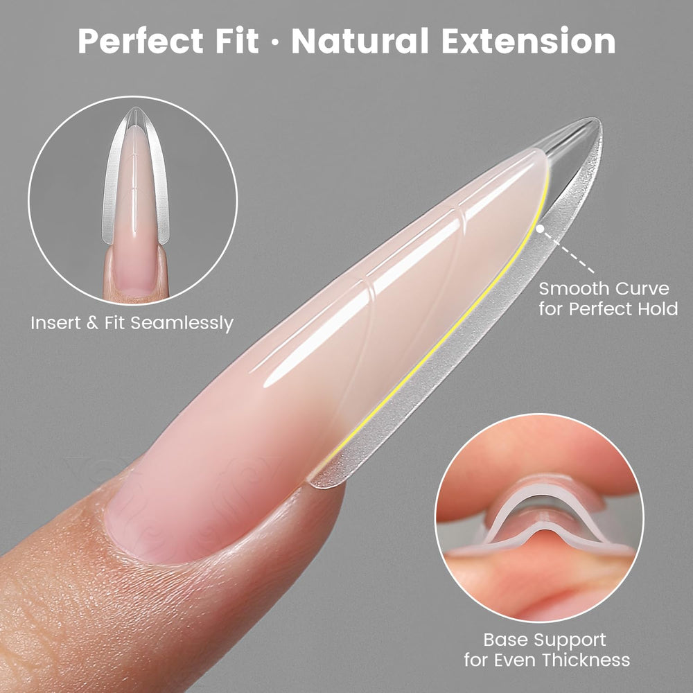 YOKE FELLOW 240pcs almond round nail forms close-up for natural-looking extensions.