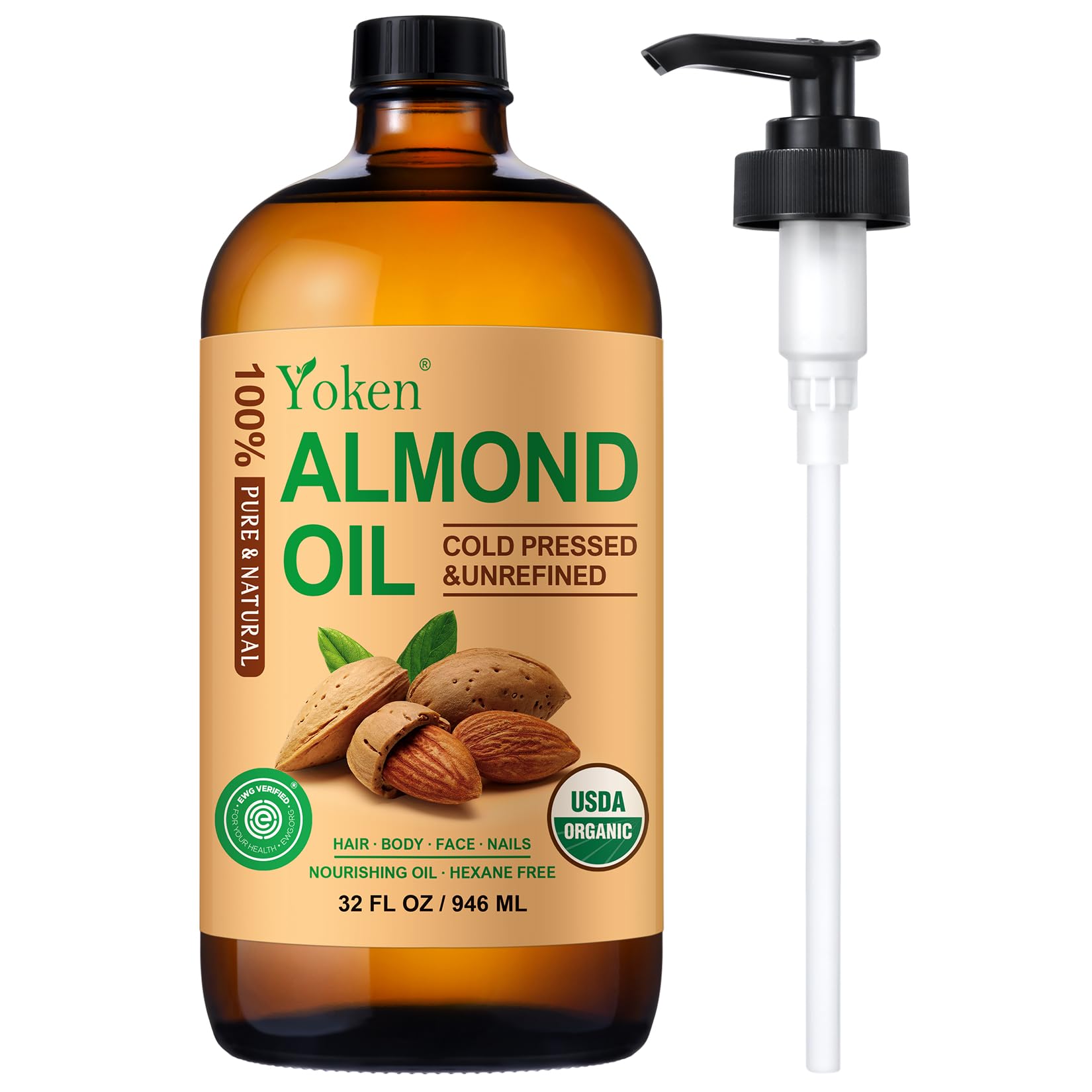 Yoken Almond Oil amber bottle showcases a pure carrier oil for skin hydration.
