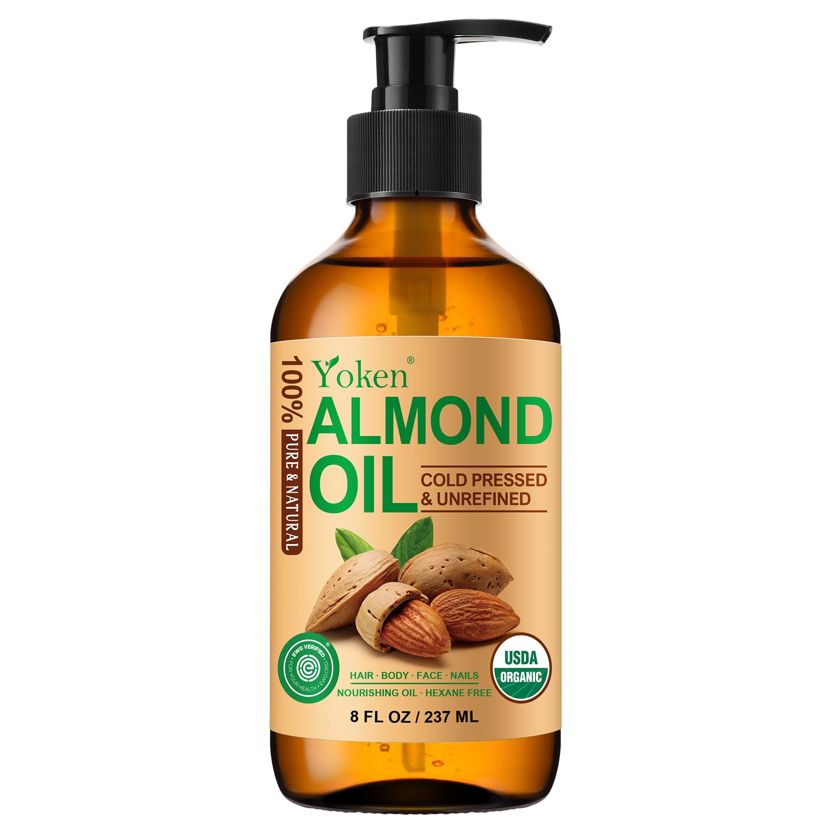 Yoken Organic Almond Oil bottle in amber glass preserves freshness for skin and hair use