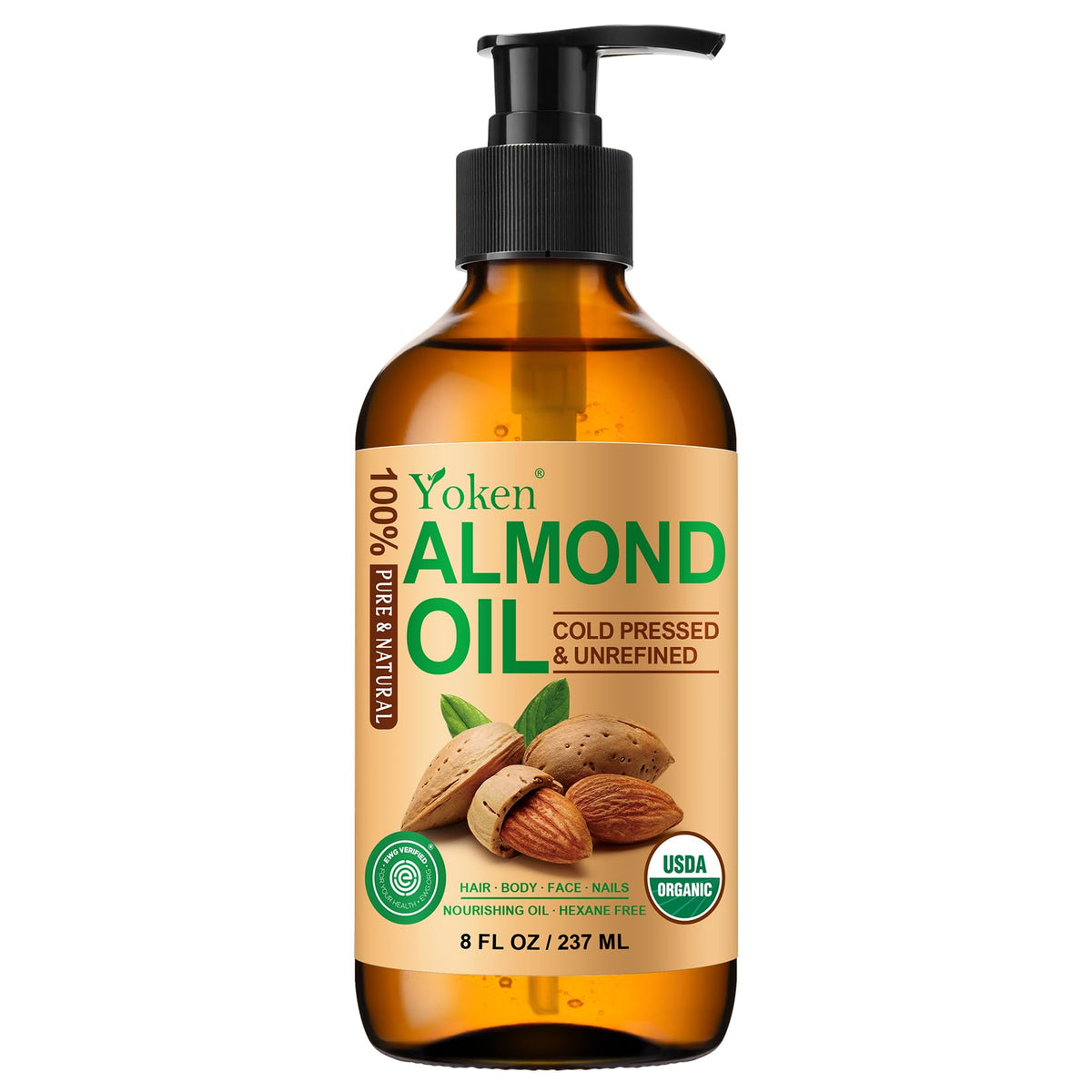 Yoken Organic Almond Oil bottle in amber glass preserves freshness for skin and hair use