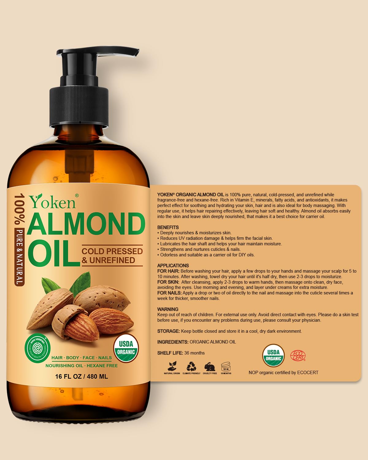 Yoken Organic Almond Oil closeup emphasizes natural fatty acids and vitamin E