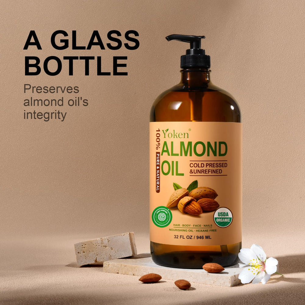 Yoken Almond Oil hair care shot emphasizes shine and moisture retention.