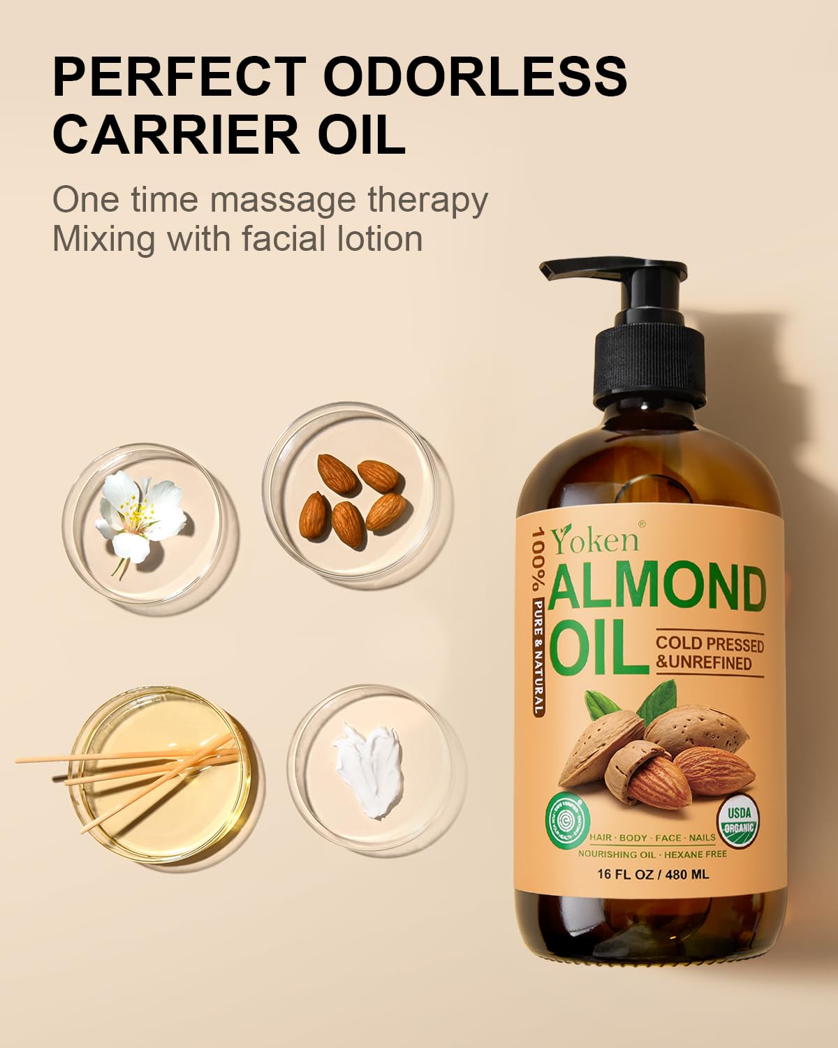 Yoken almond oil applied to hair shows non-greasy moisture and shine