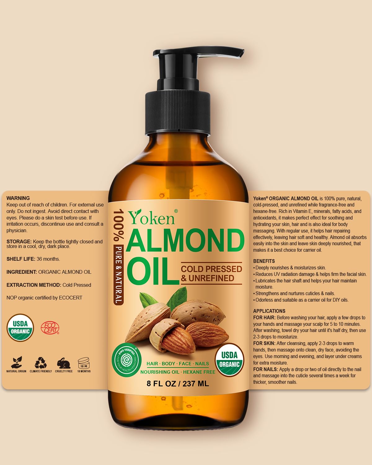 Yoken almond oil packaging in amber glass highlights sustainability