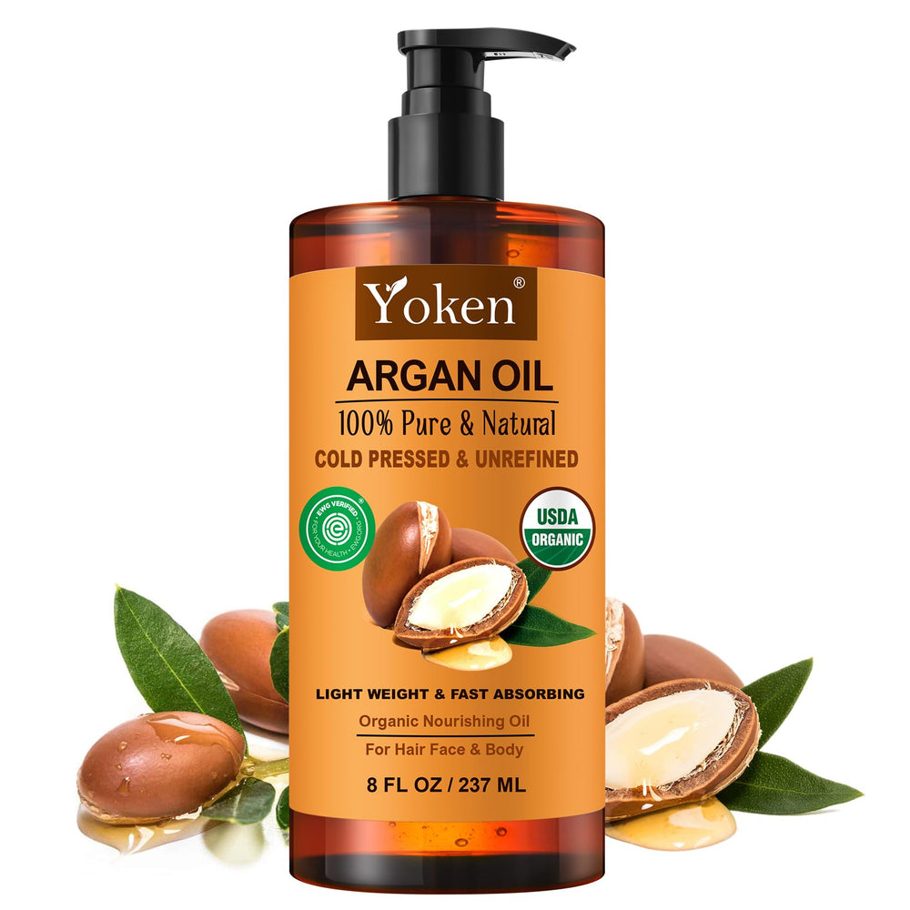 Yoken Argan Oil bottle front for pure hair and skin care.