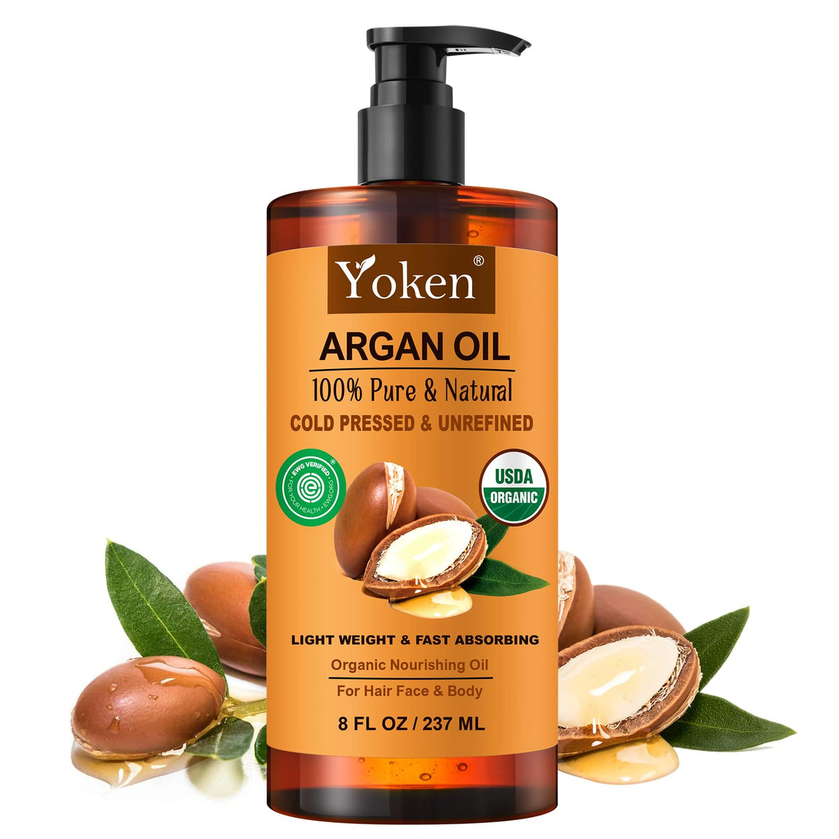 Yoken Argan Oil bottle front for pure hair and skin care.