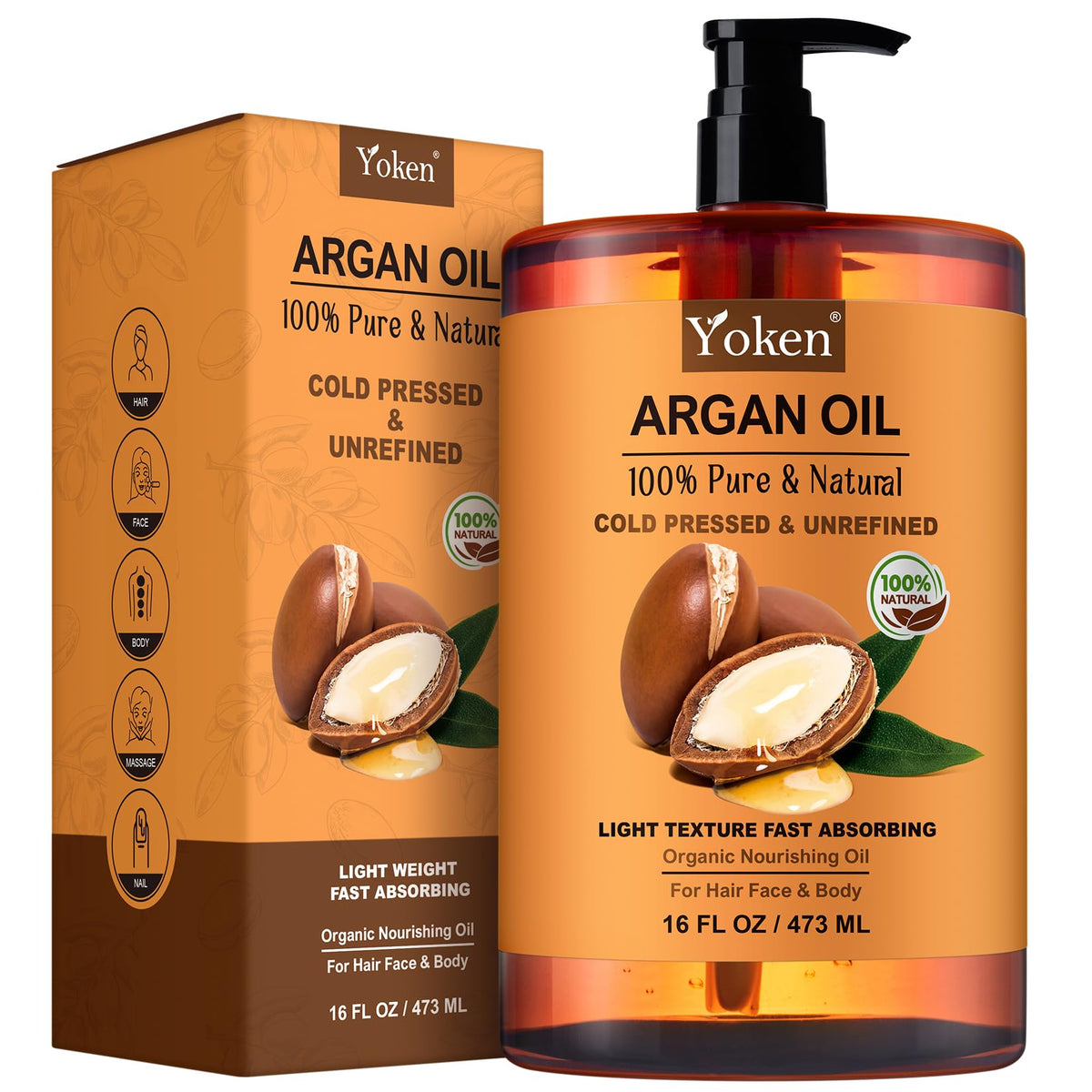 Yoken Argan Oil bottle pour highlights pure Moroccan oil for hair and skin care