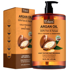 Yoken Argan Oil bottle pour highlights pure Moroccan oil for hair and skin care