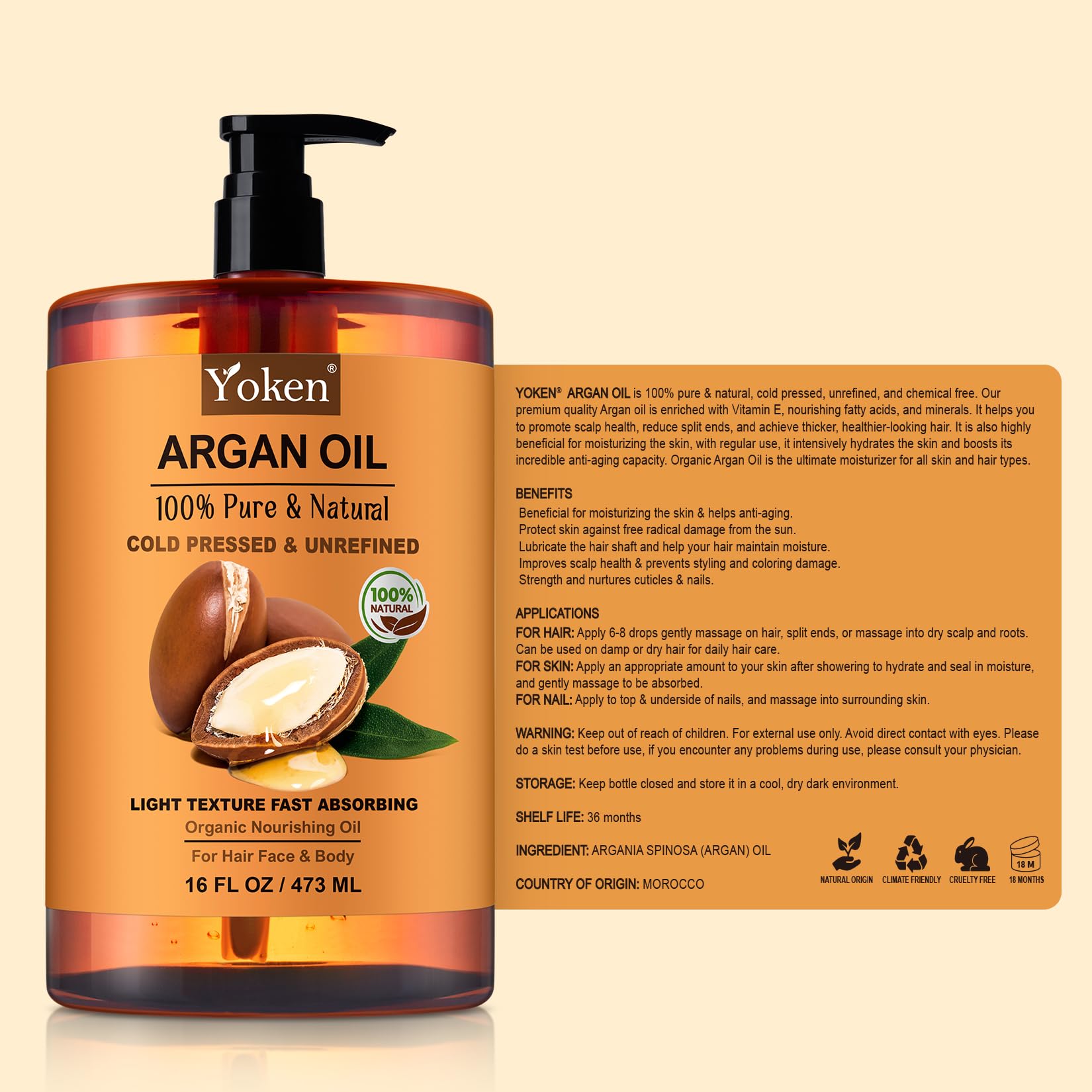 Yoken Argan Oil flatlay conveys versatile multi-use for hair, skin, nails