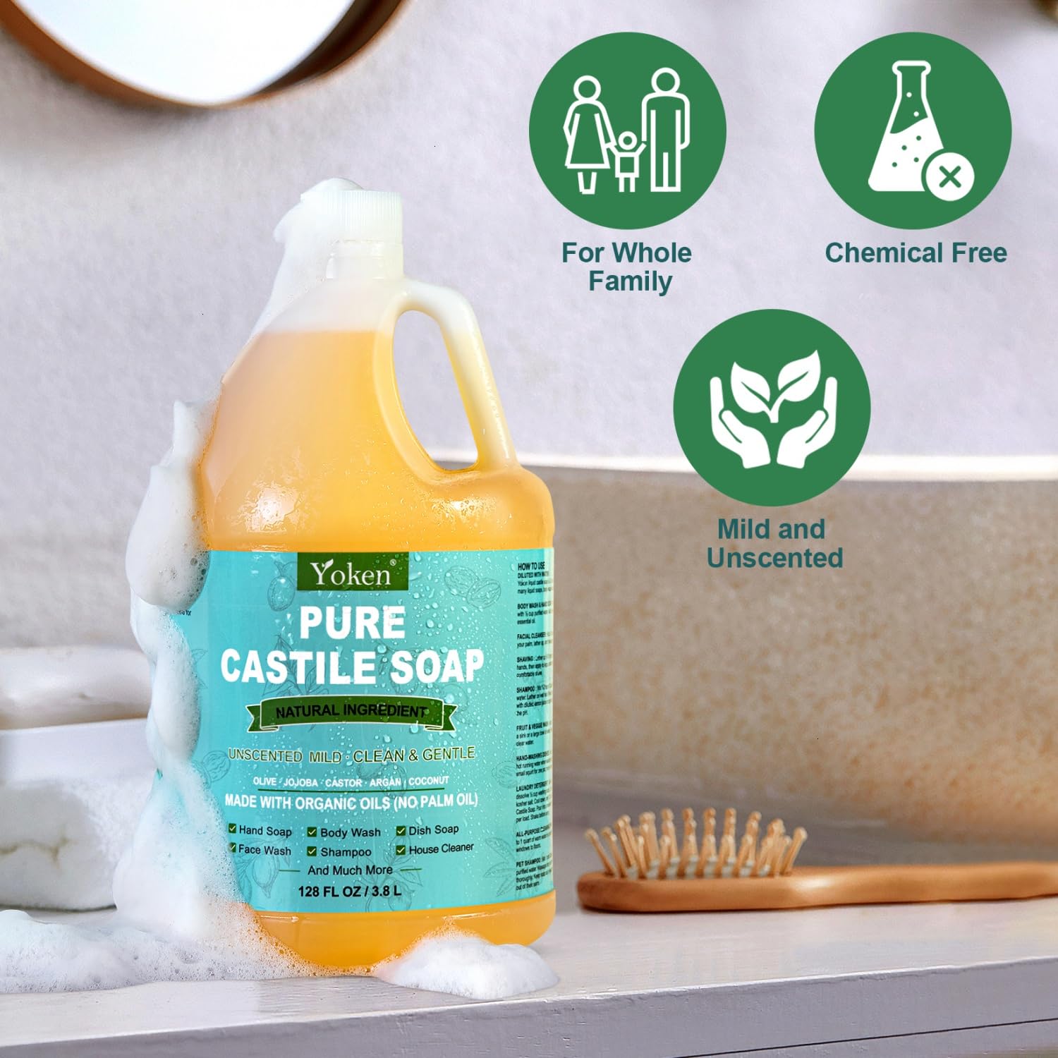 Yoken Castile Soap body wash offers a safe, all-over skin cleanse.