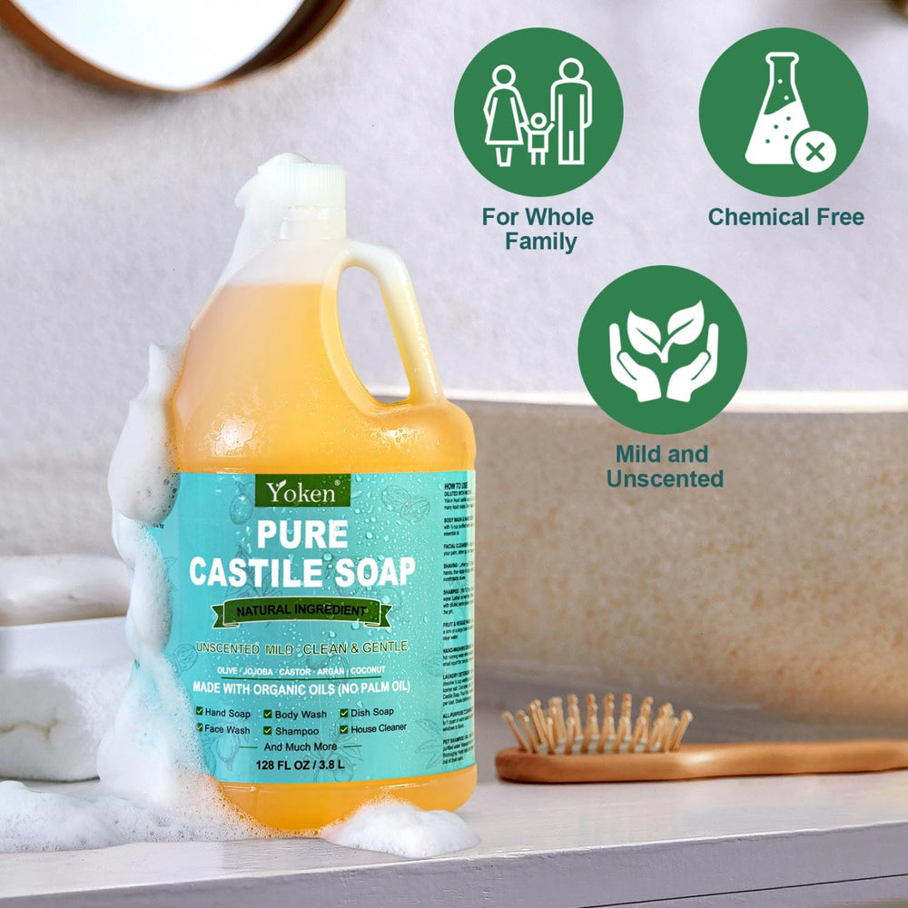 Yoken Castile Soap body wash offers a safe, all-over skin cleanse.
