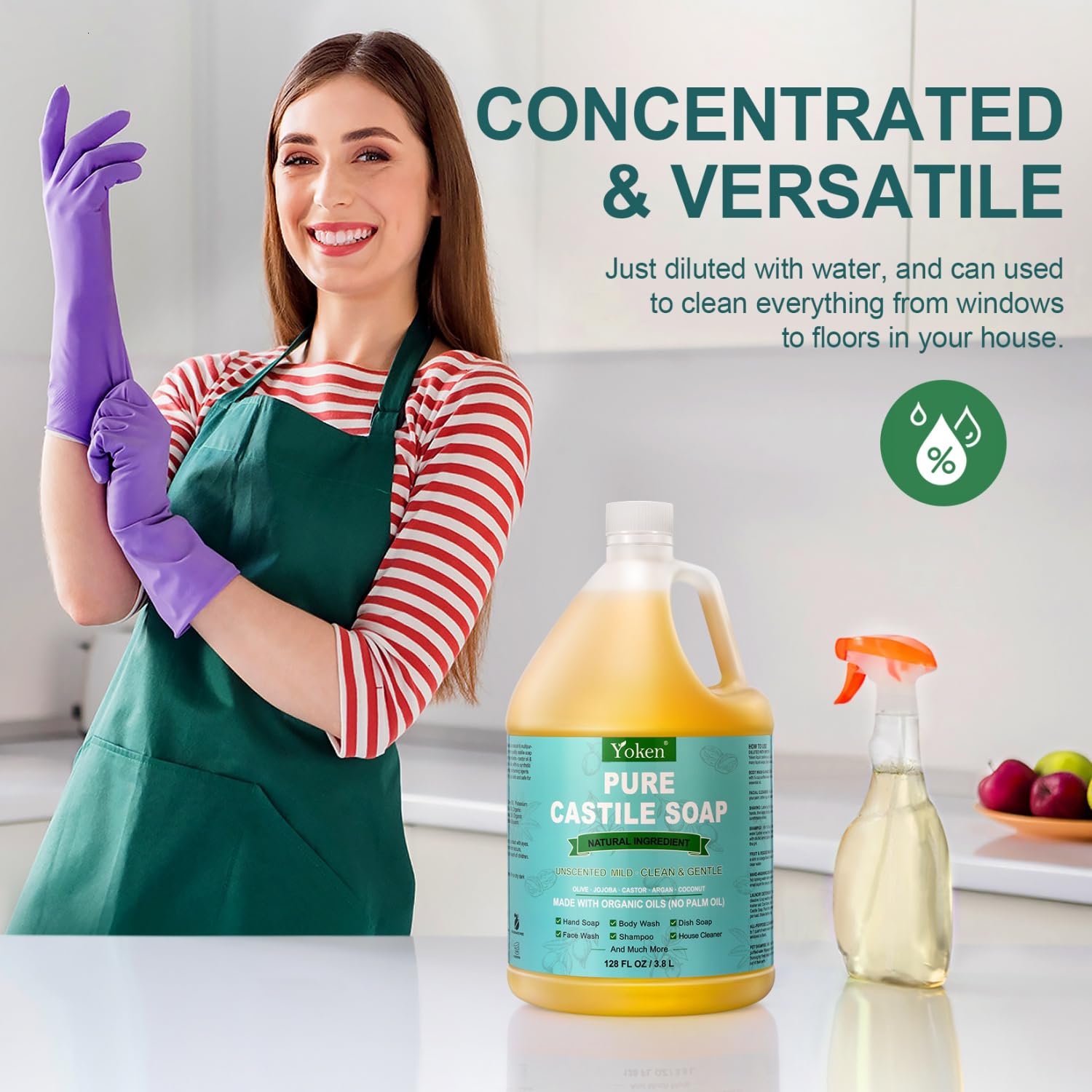 Yoken Castile Soap dish use suggests versatile kitchen cleaning with a mild formula.