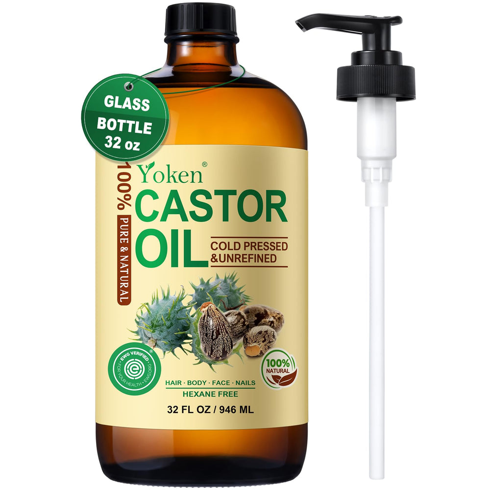 Yoken castor oil amber bottle with pump for easy dispensing and freshness.