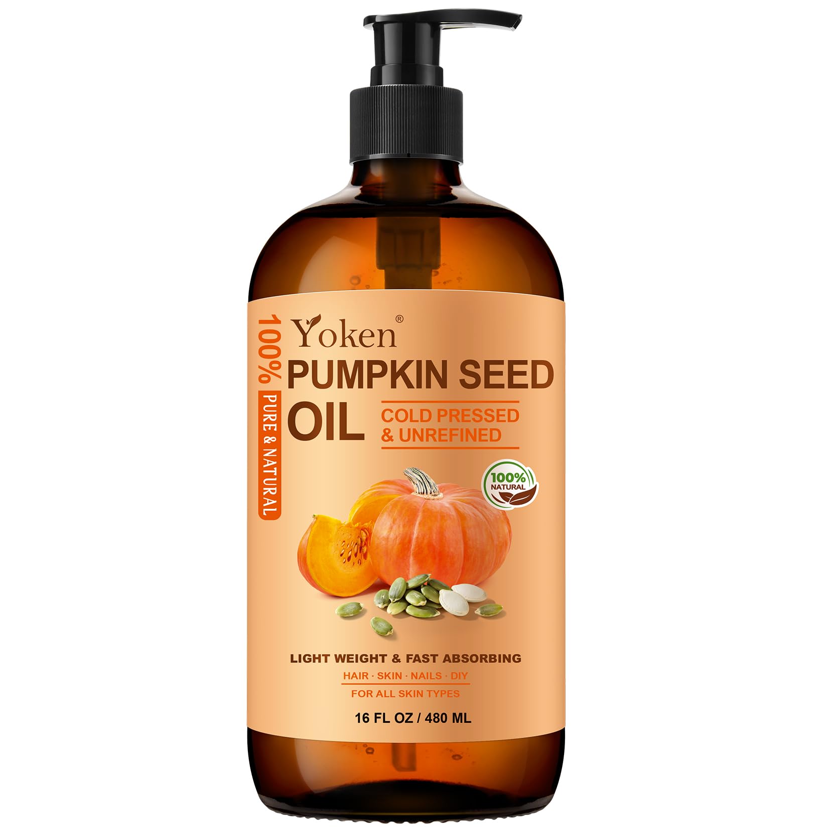 Yoken cold-pressed pumpkin seed oil in amber bottle shows purity for skin and hair care.