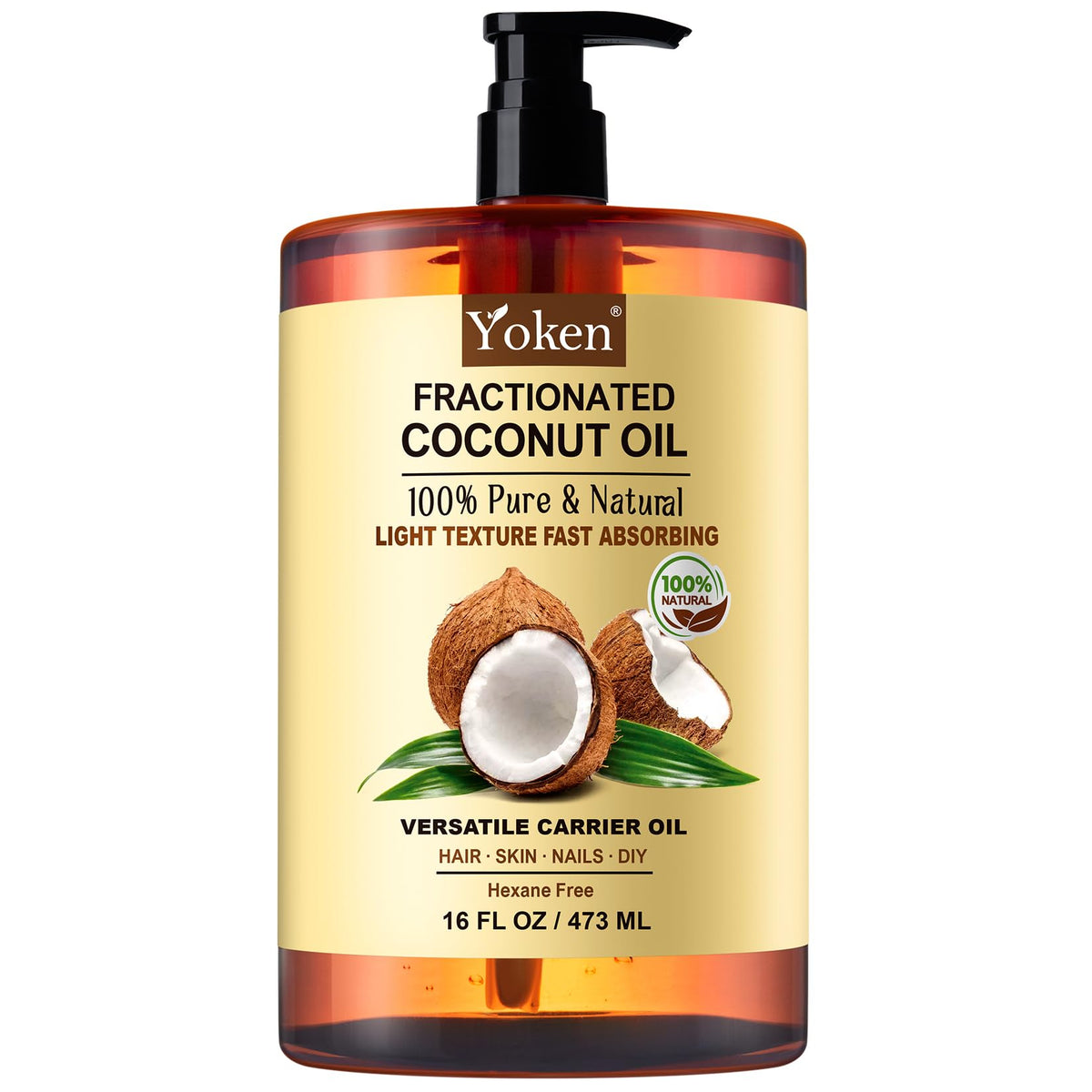 Yoken fractionated coconut oil 16oz bottle offering lightweight hydration for skin and hair.