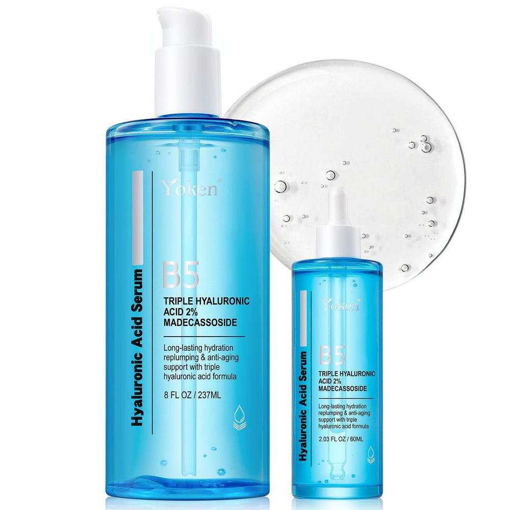 Yoken hyaluronic serum 8oz pump bottle delivers deep hydration for daily care.