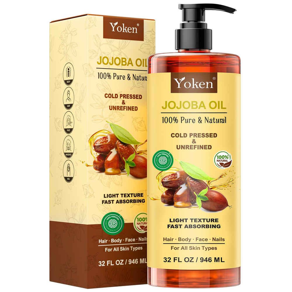 Yoken Jojoba Oil bottle with pump enables easy daily skincare application.