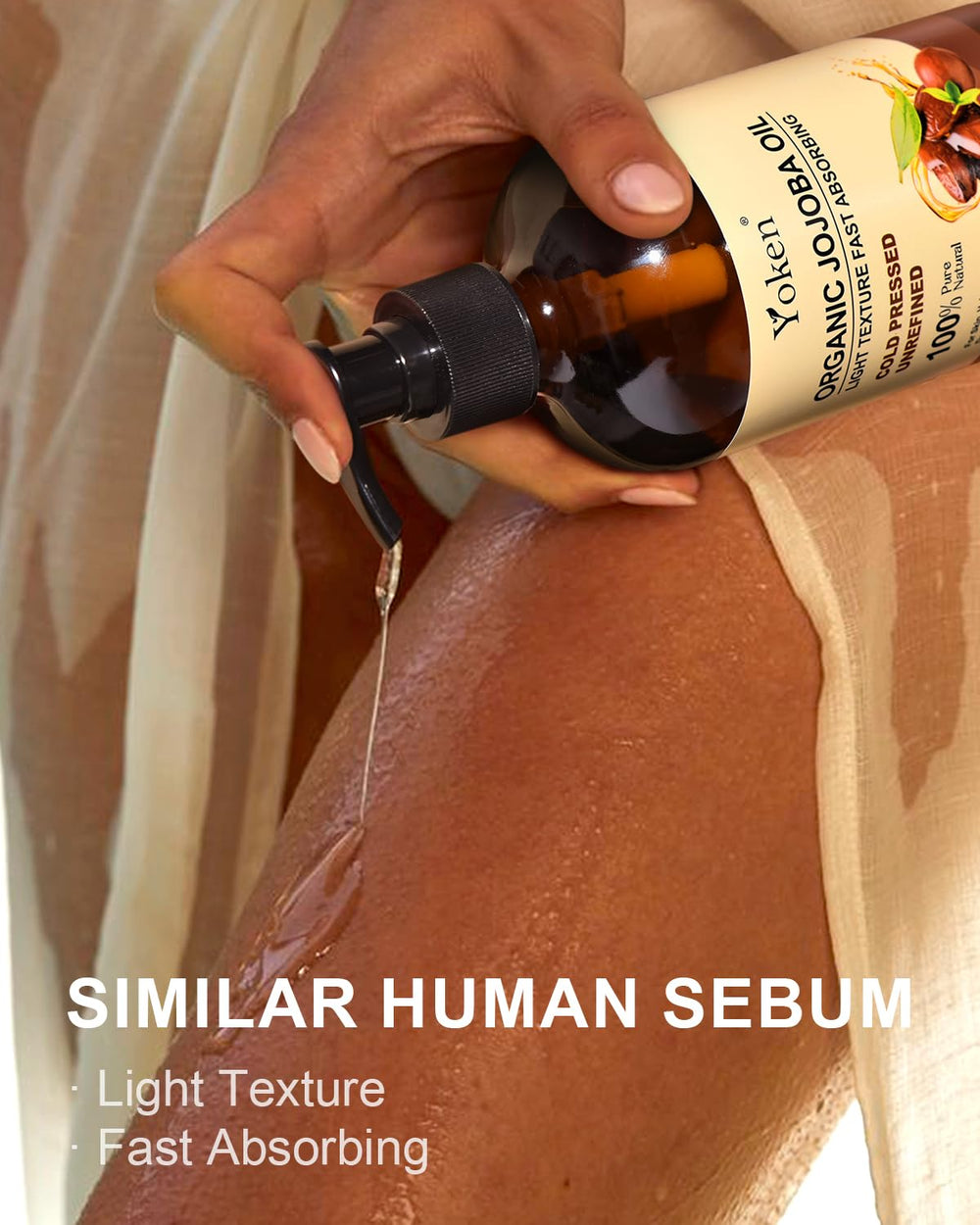Yoken Jojoba Oil uses cold-pressed processing for fast-absorbing moisture on face and body.