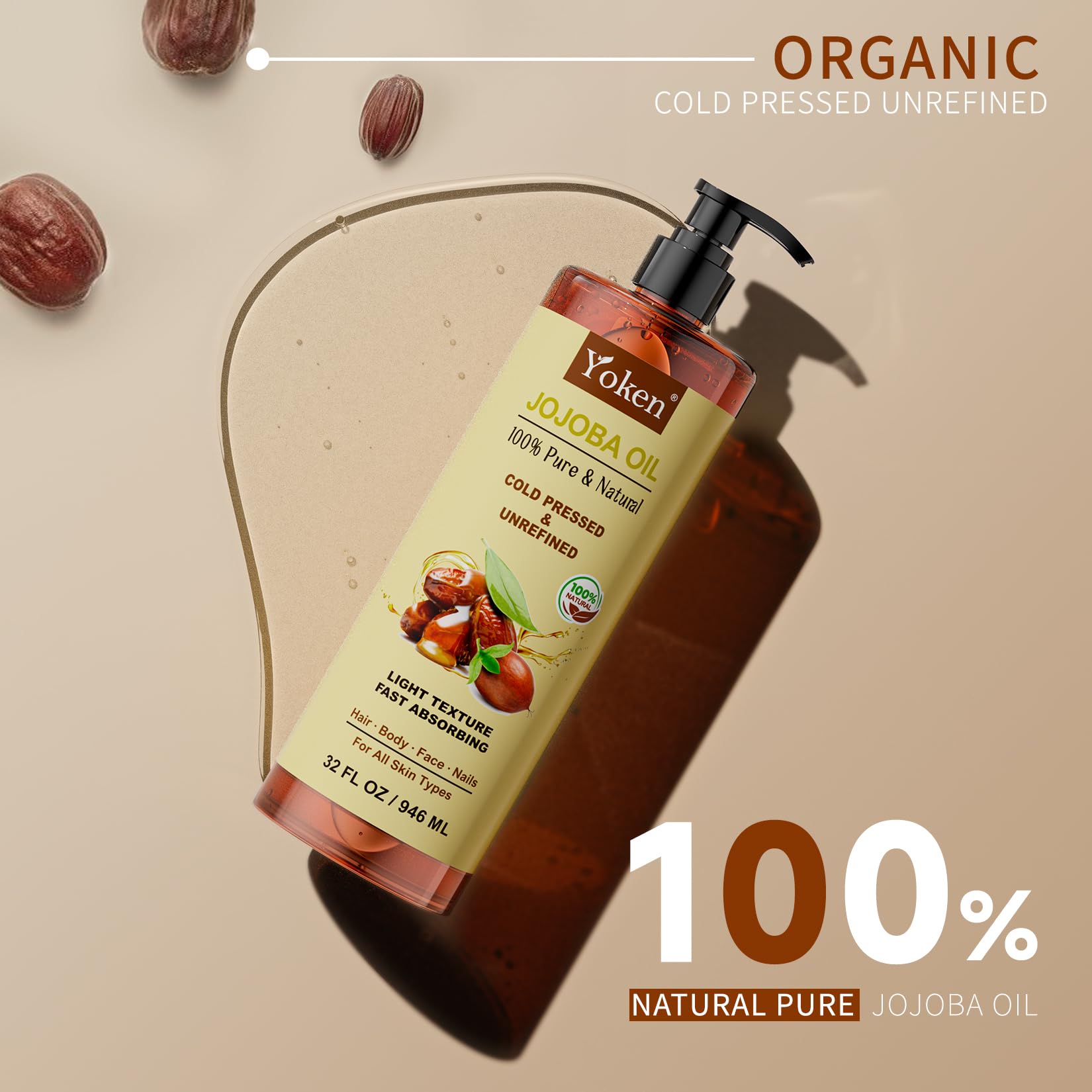 Yoken Jojoba Oil cold-pressed texture provides lightweight moisture.