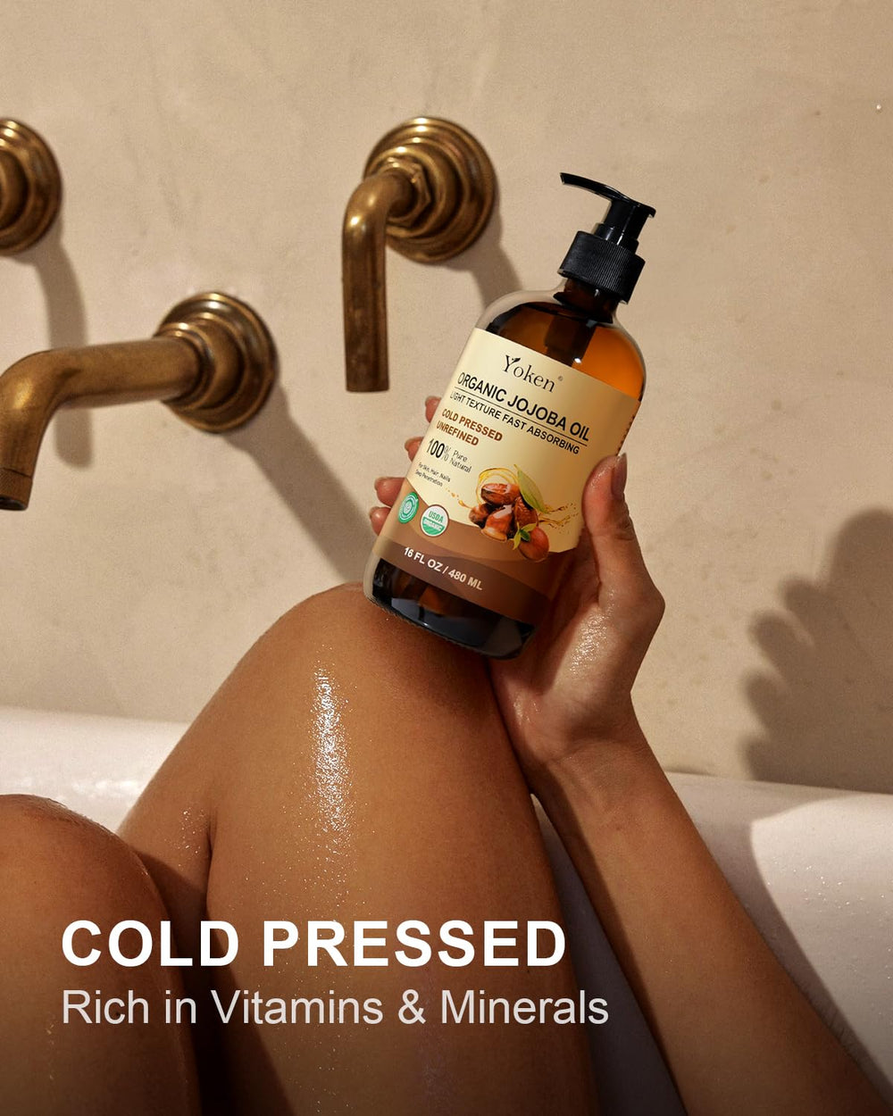 Yoken Jojoba Oil shows a golden appearance ideal for skin and hair nourishment.