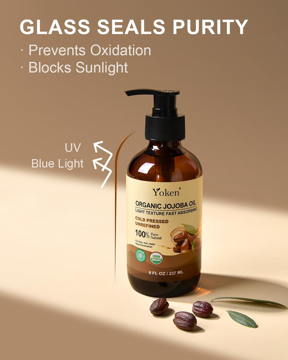 Yoken jojoba oil for hair care provides lightweight hydration.