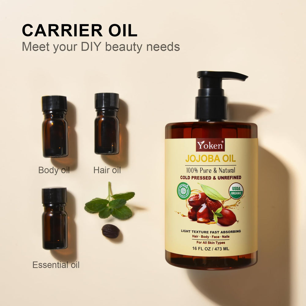 Yoken jojoba oil nourishes nails and cuticles for healthy shine.