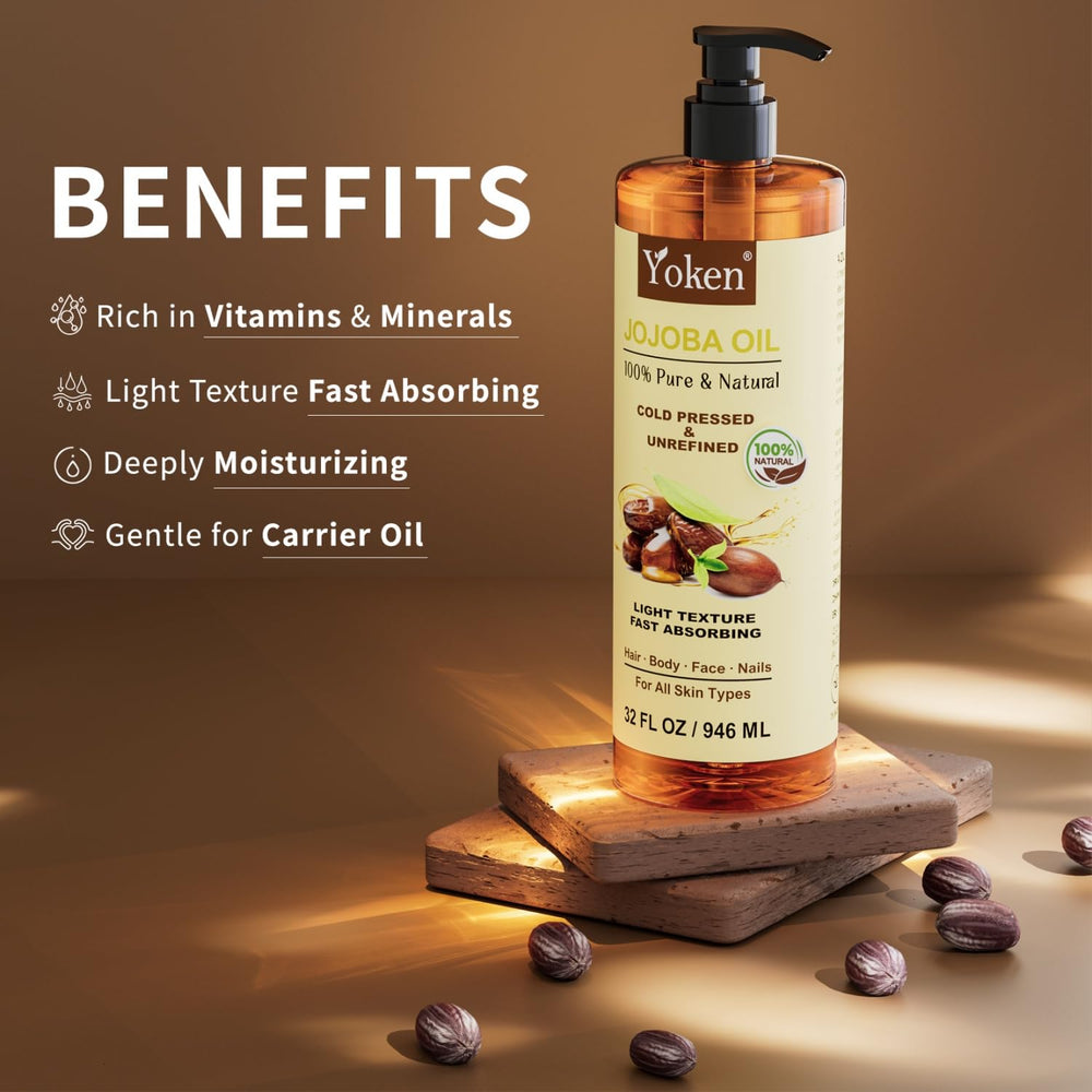 Yoken Jojoba Oil supports skin, hair, nails without heaviness during routine.