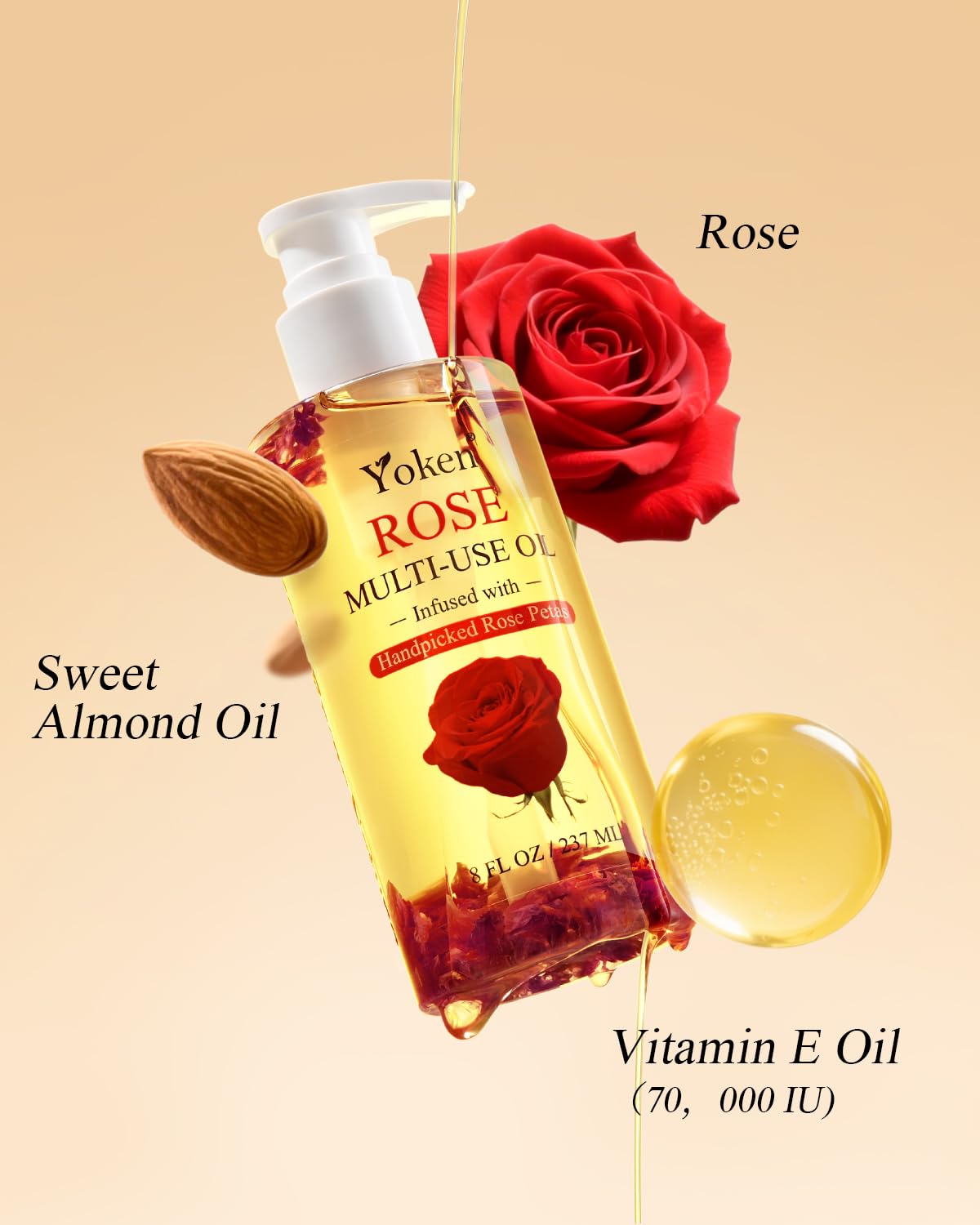 Yoken body oil rose petals close-up showing soothing, antioxidant-rich skin hydration.