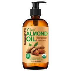 Yoken Organic Almond Oil bottle front showing rich, skin-nourishing oil for daily use